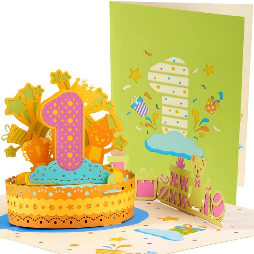 Liebessa 3D Pop Up Karte - Erster Geburtstag - Glückwunschkarte für Mädchen oder Junge zum 1. Geburtstag zum Aufklappen