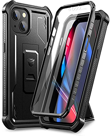 Dexnor Hülle Kompatibel mit iPhone 13 Kompatibel mit iPhone 14 mit eingebautem Displayschutz Militärschutz Rüstung Heavy Duty 360 Ganzkörper Stoßfeste Stoßstangenschutz Abdeckung mit Ständer - Schwarz