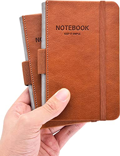 AISBUGUR Notizbuch A6 2 Stück Notizbuch kleine 9 x 14 cm Pocket Notizblock Hardcover mit Stifthalter Gummiband Dickes Papier Notizblock kleine PU Leder Braun