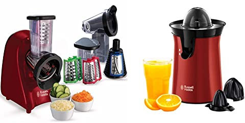 Russell Hobbs Hachoir Râpe Electrique 200W, Râpe Fin, Epais et Tranche 22280-56 Slice and Go & Spremiagrumi Elettrico, Bicchiere Grande e Piccolo, Rotazione bidirezionale, 60 W, Rosso, 26010-56