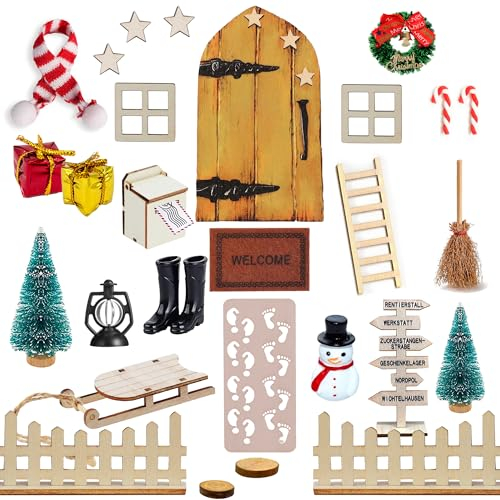 Fox·Bunny Wichteltür Zubehör Set 31PCS, Weihnachtswichtel Tür Set, Miniatur Wichtel Tür Weihnachten, Miniatur Puppenhaus Wichtel Zubehör Weihnachten Feentür
