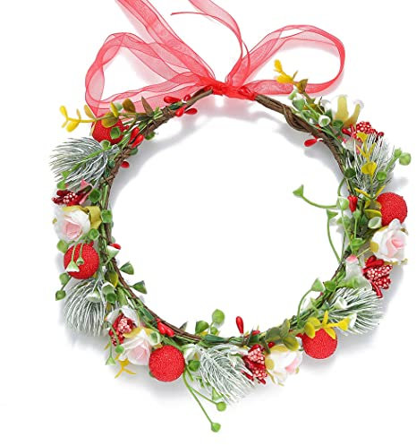 Unicra Weihnachtskronen-Stirnband, Blumengirlande, Stirnband, roter Haarkranz, Girlande, Weihnachts-Haarschmuck mit Band, Party, Festival, Geschenk für Frauen und Mädchen (07)