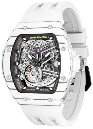 TSAR BOMBA Herren Uhr Automatik Tonneau Skelett Luxus Armbanduhr 50M Wasserdichter Analoge Mechanische Tauchen Quadratische Hohle Watch Japanisches Uhrwerk Saphirspiegel Silikonband