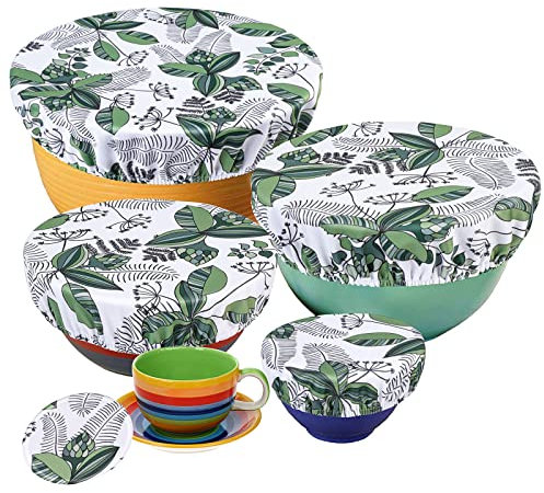 PHOGARY 5 Couvercles de Bol Réutilisables, Couvercles en Tissu Imperméables pour Le Bol à Salade en Verre, Le Pot, Les Melons (Fit 2.7-14 Pouces), la Bordure Élastique (Motif Feuillage)