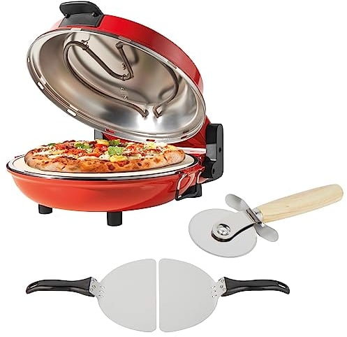 Petra PT5666VDE Forno elettrico per pizza da interno - 1200 W, 5 impostazioni di calore, riscaldamento veloce, pizze su pietra da 12 in 5 minuti, pietra rimovibile, tagliapizza, 2 pale, rosso