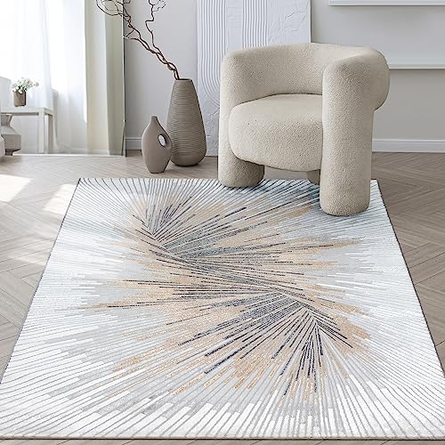 the carpet Mila - moderner Kurzflor Teppich, Wohnzimmer, Schlafzimmer, Eleganter Glanz, Glanzfaser, Hoch-Tief Effekt, Grau Creme, 80 x 150 cm