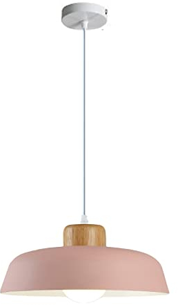 EKSED Suspension ronde en métal de 300 mm de couleur macaron, finition en bois simple moderne E27 Loft Bar Plafonnier, Lustre de salle à manger d'îlot de cuisine (Rose)