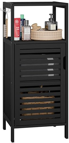 HITNET Bamboo Floor Cabinet, Small Bathroom Cabinet Floor Standing, 4 Tier Narrow Side Storage Cabinet, Space Saving Kitchen Cupboard with Single Door, Black