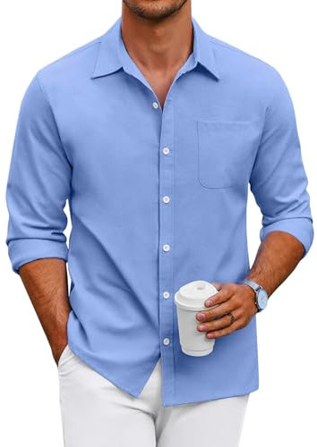 COOFANDY Hemd Herren Langarm Oxford Freizeithemd Businesshemd Regular Fit Langarmhemd Herrenhemd Langarm Button Down Männer Hemd Baumwolle mit Brusttasche Einfarbig Blau L