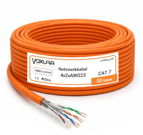 Voxura CAT 7 Netzwerkkabel 50m Simplex S/FTP AWG23 10Gbit/s PoE+ Dca LSZH | Datenkabel 1000MHz LAN Ethernetkabel Verlegekabel 100% Kupfer Halogenfrei