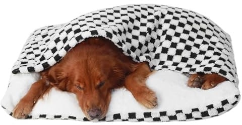 Hundeschlafsack mit Dach, Beruhigende Hundebett Hundehöhle, Winter Warm Plüsch Höhle mit Kapuze, Katzenbett mit Abnehmbaren Deckel, Hundesofa für Kleine und Mittelgroße Hunde(Square Grid,75x60x23cm)