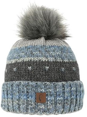 Faera Warme Damen Bommelmütze mit Kunstfell-Bommel und Thermo-Fleece Futter, Farben:Blau, Größe:One Size