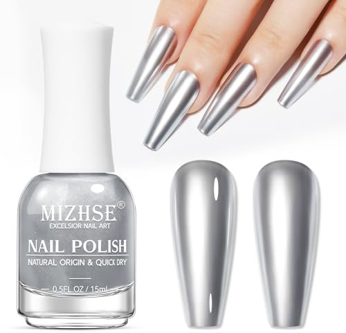 MIZHSE Silber Metallic Nagellack Mirror Effect 15ML Spiegel Nagel lack Schnelltrocknend Chrom Nail Art Nagellack, Ohne UV Lampe Einfach zu Verwenden und Entfernen,Kratzfest 15ml