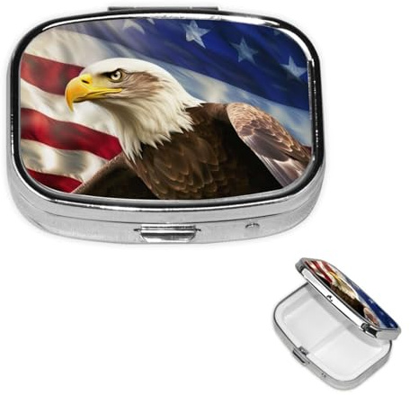 Pillendose mit amerikanischer USA-Flagge, 2 Fächer, kleine Pillendose für Geldbörse und Tasche, Metall-Pillendose mit Spiegel, Reise-Pillen-Organizer, tragbarer Medizin-Vitaminhalter, einzigartiges