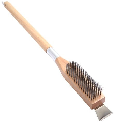 iulrtba Cepillo para horno de pizza con raspador de piedras, cerdas de acero inoxidable resistentes al calor, 62 cm de mango largo de madera, cepillo para horno de pizza al aire libre, accesorios para