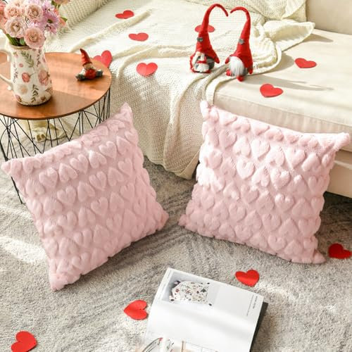Artoid Mode Set di 2 federe per cuscino in morbido peluche rosa in finta pelliccia jacquard a forma di cuore, 50 x 50 cm, decorazione per divano e soggiorno