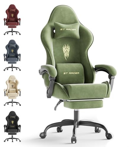 Ferghana Gaming Stuhl Ergonomisch,Gaming Chair,Atmungsaktiver Bürostuhl aus Hochwertigem Stoff,Computerstuhl mit verstellbare Kopfstütze und Lendenkissen,Armlehnen,Fußstütze,Racing PC Stuhl ,Grün
