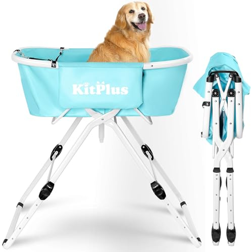KITPLUS Erhöhte tragbare Hundebadewanne, 5 höhenverstellbare Hundewaschstation für Haustierdusche und Fellpflege, faltbare Badewanne mit Stauraum und Anti-Rutsch-Design für kleine, große Hunde, Katzen