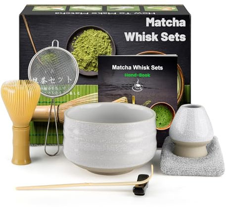 Kit de ceremonia japonesa de matcha de 7 piezas, batidor de matcha de resina, cuenco de matcha, cuchara de bambú, colador, paño de cocina, soporte para batidor, juego completo de matcha, blanco