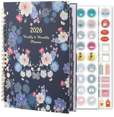 AstraGlam Terminplaner Schulplaner 2026 – A5 Kalender Woche auf einen Blick Januar bis Dezember, Blau Schwarz, Doppeldrahtbindung, Hardcover mit Gummiband, Inklusive 155 Planungsaufkleber