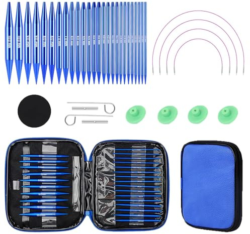 Auswechselbare Rundstricknadel Set, 3,0-10,0 mm Rundstricknadeln, Aluminium-Rundstricknadeln mit Ergonomischen Griffen, Zubehör, Austauschbar Häkelnadel für Strickbegeisterte, Anfänger & Profis (blue)