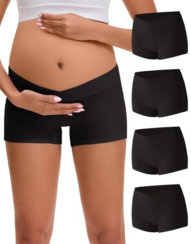 INNERSY Umstandsunterhosen Damen V-Form Schwangerschafts Boxershorts 4 Pack | Schwangerschaftsunterwäsche Niedrige Taille, 100% Baumwolle Schritt, Wochenbett Unterwäsche, Umstands Boyshort Unterbauch