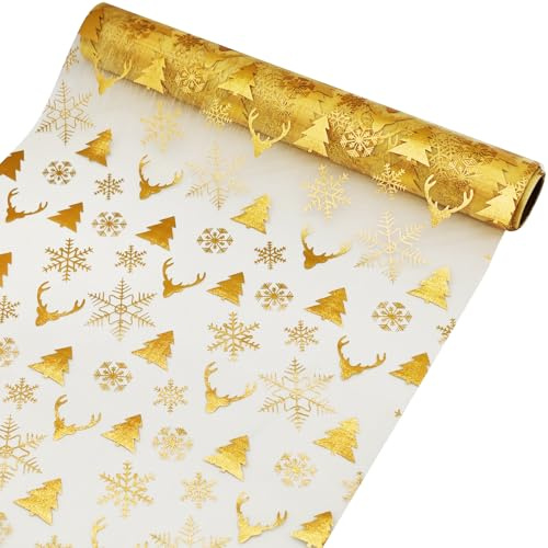 Organza Tischläufer Weihnachten Gold,28 x 500cm Tischdecke Weihnachten | Weihnachts Tischdeko Tischband Transparent für Adventszeit Geburtstag Hochzeit Party Dekoration - Rentier