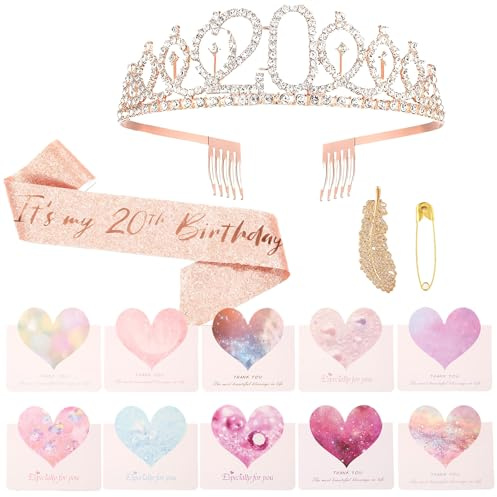 20. Geburtstag Mädchen Deko, Rose Gold Party Deko 20. Geburtstag Krone und Schärpe alles Gute zum 20. Geburtstagsgeschenk, Partyzubehör(inkl. 10 Grußkarten und 1 goldener Feder-Haarspange)