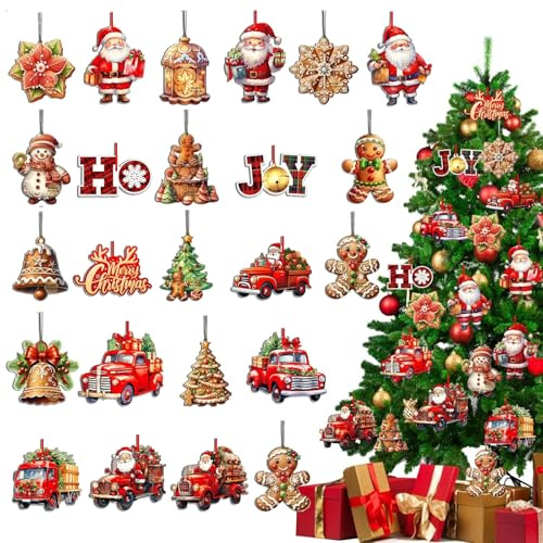 FOSDICK 24 Stück Weihnachtsbaumschmuck Holz, Lebkuchenmann Weihnachtsmann Christbaumschmuck Holz, Weihnachtsanhänger holzs mit Schnur, Holzanhänger Weihnachtsbaum, Holzanhänger Weihnachten für DIY