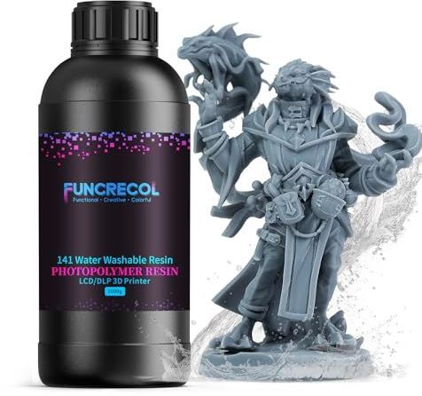 FUNCRECOL Water Washable 3D Printer Resin with 3 Cleaning Modes, 1kg Grey | High Precision & Toughness, Easy Post-Processing, Anti-Yellowing 3D Resin, 405nm UV-Curing Resin for MSLA/DLP/LCD 3D Printers