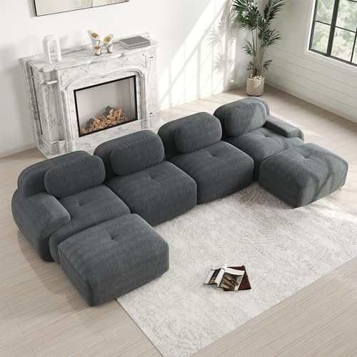Luscriate Boneless U-Form Schlafsofa Modular – XXL Wohnlandschaft ohne Montage, extra Tiefe Sitzfläche 74cm, Cloud Polstersofa aus Cord, weiche Couch mit Ottoman, Modern Grün 4Sitzer+2 (Grey, H-4S+2)