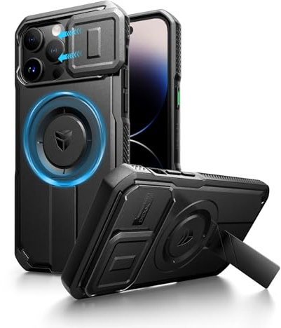 Dexnor Magnetic Case Compatible with iPhone 14 Pro Max, Shockproof Protective Cover with Slide Camera Cover and Adjustable Kickstand, No Screen Film(Black)