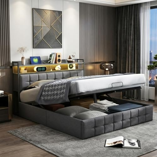 Hoscullo Polsterbett Modern 140 x 200 cm, Doppel boxspringbett mit Hydraulisch Verstellbarer Stauraum und Lattenrost, Jugendbett Bett LED mit Kopfteil, Bettgestell für Erwachsene (Grau)