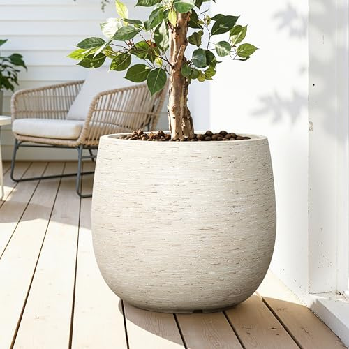 Hometopia Blumentopf groß & rund mit Ablaufloch, Ø 35 × H 32 cm, Weiß | Robuster Blumentopf mit Ablaufloch, frostbeständig und wetterfest, ideal für Balkon, Garten, Terrasse und Wohnzimmer