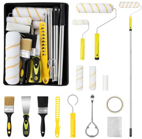 Profi Farbroller Set 18-teilig m. Teleskopstange, Walzen, Ersatzbezüge, Pinsel & Farbwanne
