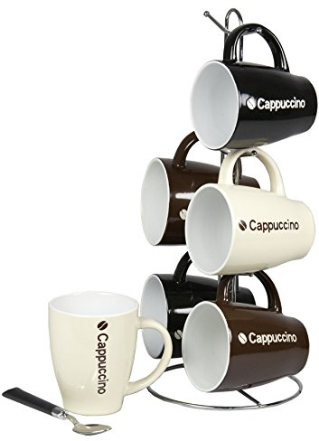 Home Basics Kaffee-Küchenarbeitsplatte (Beige/Braun) 6 Tassen mit Ständer, Cappuccino, 7-teiliges Set