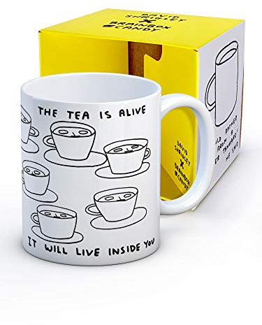 Tasse à café humoristique David Shrigley - Coffret cadeau fantaisie de Noël ou d'anniversaire pour homme et femme - Design Tea is Alive Art vendu exclusivement par Brainbox Candy