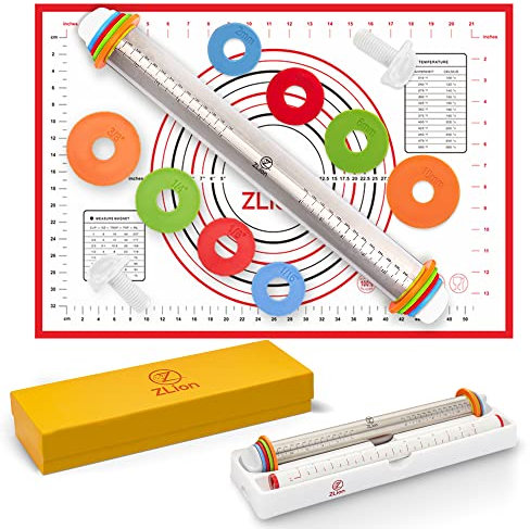 Stainless Steel Rolling Pin, Baking Set, Rolling pin with thickness rings, Silicone baking mat, and white storage base. Baking tools, are packed in a luxurious giftable box by ZLion.