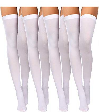 Boao 4 Paare Damen Seiden Oberschenkel Hohe Strümpfe Nylon Socken für Damen Halloween Cosplay Kostüm Party Zubehör (Weiß, F Größe)