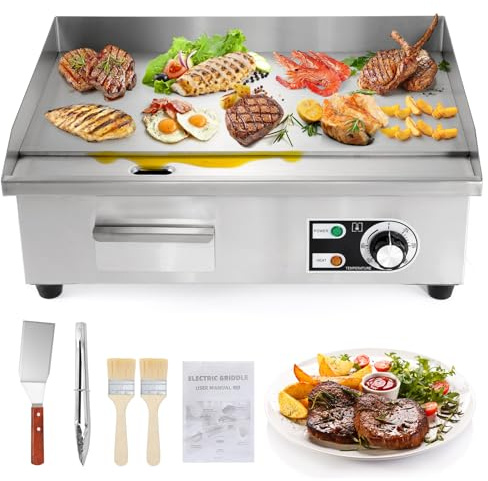 Dyna-Living Elektrische kommerzielle Kochplatte, 3000 W, Edelstahl, Flachplatte, Kombigrill, kommerzielle Grillplatte, einstellbare Temperatur für Gemüse und Fleisch