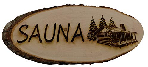 Baumscheibe Rindenscheibe Sauna Kelo Gravur Schild Geschenk Holz Erle unbehandelt + Aufhänger (1044 21-24 cm)
