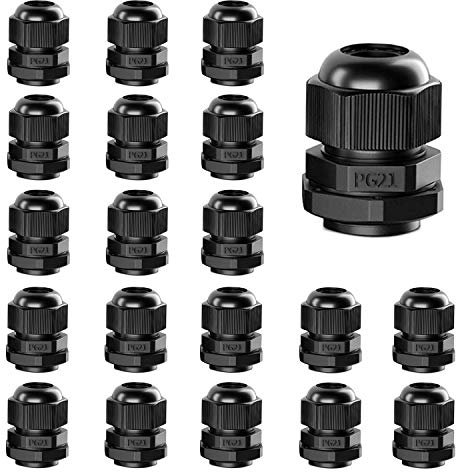 Cable Gland AMPELE 20 Pack PG21 Plastic Waterproof Adjustable 13-18mm Cable Glands Joints With Gaskets, Black(PG21)
