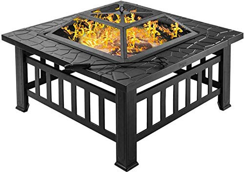 RANRANHOME Feuerstelle Grill Multifunktional Feuerkorb Feuerschale Quadratisch Aus Metall Feuerkorb Für Heizung/BBQ, Quadratisch Metall Feuerkorb Mit Grillrost Funkenschutz,A