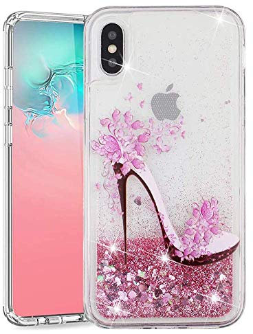 LEMAXELERS iPhone Xs/iPhone X Liquid Case,3D Glitter Quicksand Flowing Liquid Sparkle Cute for Girls Clear Transparent TPU Gel Silicone Shockproof Cover Case for iPhone Xs,XYL Shoe