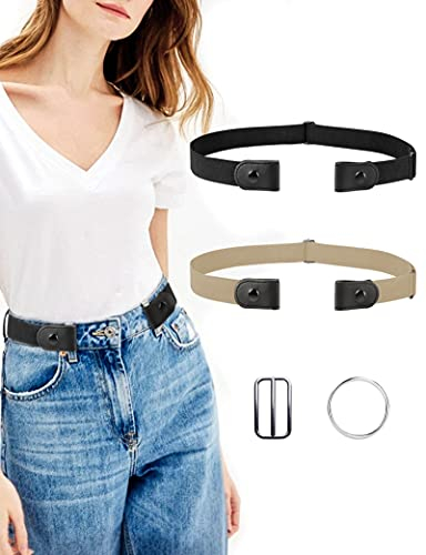 MELLIEX 2 Stück Elastischer Gürtel für Damen Herren, Ohne Schnalle Gürtel Stretchgürtel Unsichtbarer Taillengürtel mit 2 Metall Schnalle für Jeans Hosen Kleid, Schwarz und Khaki