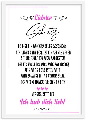 Urhome Kunstdruck Schatz mit Bilderrahmen Weiß in DIN A3 - Ich hab dich lieb Wandbild Poster Wanddeko mit Spruch für Wohnung Familie Freunde Geschenk Geburtstag
