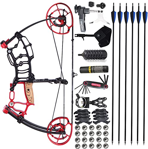 SHARROW Bogenschießen Compoundbogen Set 40-70lbs Einstellbar 390FPS Katapult Stahlkugel Dual-Use Jagdbogen CNC-bearbeitete 7075-T6 Aluminiumlegierung Angel Bogen Pfeil Set (schwarz-rot dual-use Set)