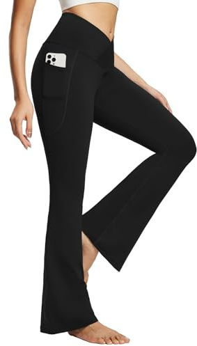 baleaf Damen Yogahose mit Taschen Schlaghose Stoff Flare Leggings Bauchkontrolle Sporthose Stretch Hohe Taille Schwarz 32 M