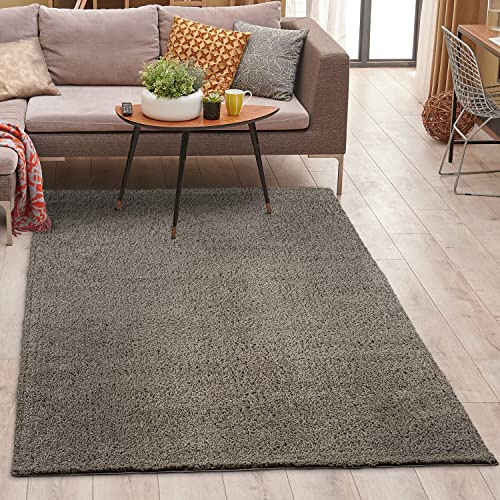 carpet city Shaggy Teppich Hochflor - 140x200 cm - Taupe Einfarbig - Weicher Wohnzimmerteppich Uni Modern - Polyester-Teppiche Soft Flauschig-Weich Schlafzimmer - Kinderzimmerteppich