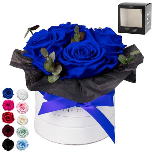 Infinity Flowerbox - Eucalyptus Bouquet Blau - Konservierte Rose in Geschenkbox, blüht 3 Jahre ohne Wasser